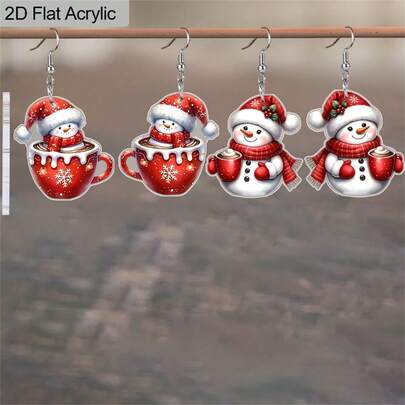 أقراط أكريليك مسطحة 2D، زوجان من أقراط أكريليك قطرة جميلة بتصميم رجل الثلج الأحمر وكوب آيس كريم، أقراط عيد الميلاد المرحة مثالية لحفلات العطلات والمناسبات اليومية، هدايا عيد الميلاد للعائلة والأصدقاء
