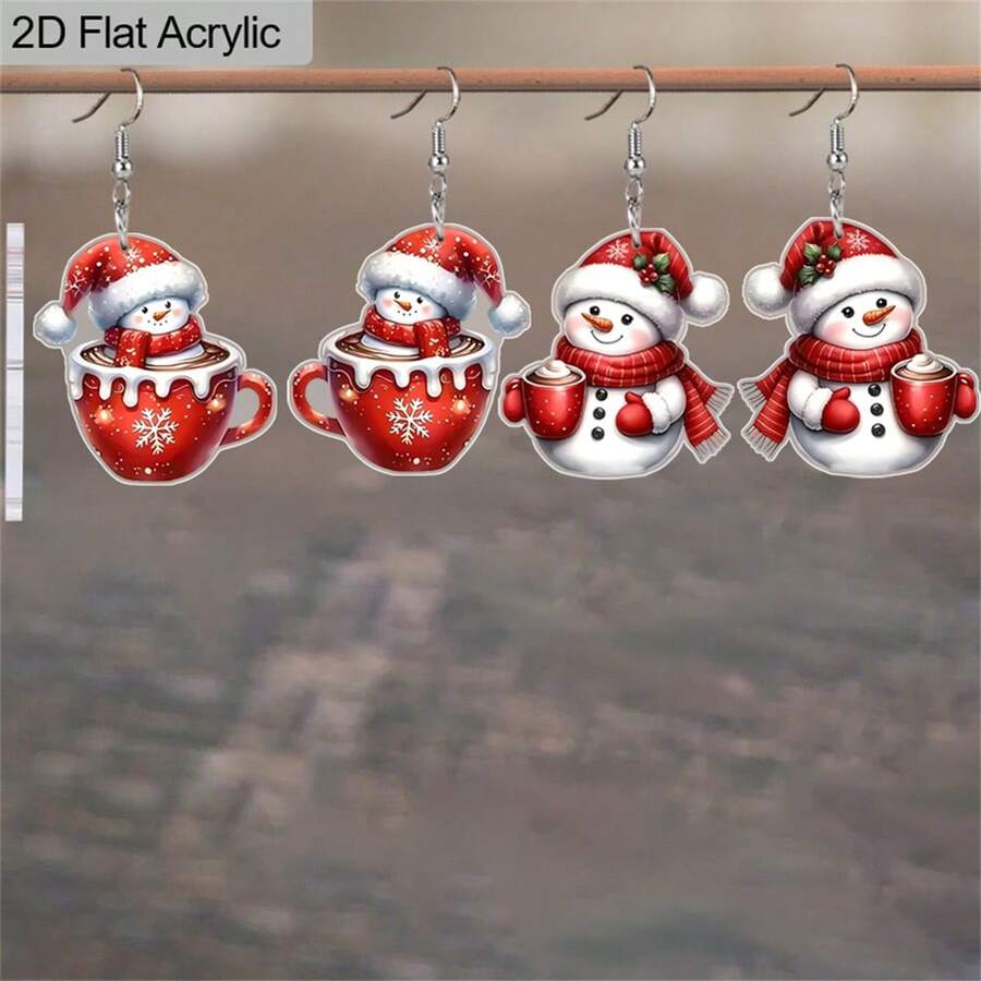 أقراط أكريليك مسطحة 2D، زوجان من أقراط أكريليك قطرة جميلة بتصميم رجل الثلج الأحمر وكوب آيس كريم، أقراط عيد الميلاد المرحة مثالية لحفلات العطلات والمناسبات اليومية، هدايا عيد الميلاد للعائلة والأصدقاء