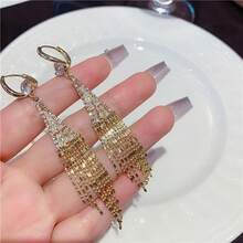 1 Pair Of Luxurious Gold Tassel Hanging Earrings With Shiny Square Crystal Synthetic  - Elegant Personality Jewelry For Parties, Dates And Everyday Charm - 金色 - 查看 2