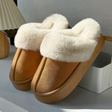 (Lightweight, Footless) 1 Pair Brown Round Toe Slip-On Fluffy Faux Fur Slippers For Women, Plush Lining, Faux Fur Patchwork Fashion Design, Thick Sole Adds 3cm Height, Unisex Lightweight Comfortable Warm Indoor Slippers, Suitable For Home, Bedroom, Office, Casual Wear, Classic Men's Slippers, Gift For Friends And Loved Ones (Run Small, Size Up 2 Sizes)