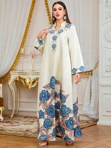 女士穆斯林长袍，优雅浪漫 V 领印花串珠长袍，伊斯兰全长长袍，适合度假、约会、休闲日常穿着 - 杏色 - 查看 7