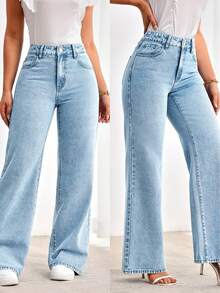 Womens Jeans, Women's Wear In Y2K Style Solid Color Wash Blue High-Waisted Jeans, Loose Diagonal Pocket Zipper Button Open And Close Jeans,  Women's Jeans And Clothing, Jeans>Pants, Suitable For All Seasons, With Multiple Pocket Designs, Religion>Clothes, Suitable For Outdoor Outfits, Cocktail Parties, Parties, Christmas, Nightclubs, Banquets, Film Festivals, Cinemas, Balls, Cocktail Parties, Bars, Weddings Graduation Ceremony, Homecoming, Birthday Party, Rebellious Girl, Holiday-Themed Party, Out Dress, Streetwear, Fashion Show, Date, Valentine 's Day, Out Work University, School Village, Concert, Street Girl, Girl, Country Outfits Women, Out Best Women, Ladies' Holiday Clothing, Country Concert Country Concert Outfit,New Years Outfit Women - Màu xanh lam - Xem 1