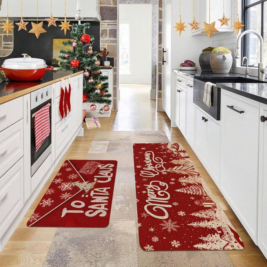 1/2pcs Christmas Floor Mat, Luxurious Red Background Embellished With White Snowflakes, Christmas Tree Pattern Kitchen Floor Mat, Happy Theme, Christmas Atmosphere Decoration, Very Suitable For Study, Kitchen, Bedroom, Home Decoration, Creating A Comfortable And Exquisite Joyful Atmosphere - Multicolor - View 1