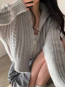 Mujeres cardigans otoño e invierno cálido jersey perezoso viento suelto versátil sección corta doble cremallera suéter de punto - Gris Claro - Ver 6