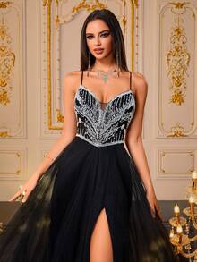 VIPGIRL SHEINXHannah 女士黑色亮片舞会礼服，性感高开叉薄纱晚礼服，奢华网眼正式长裙，优雅闪亮舞会礼服，女士婚礼宾客礼服，女士毕业礼服 - 黑色 - 查看 4