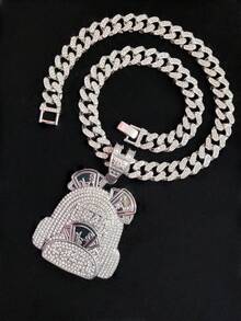 1 Set Fashion Creative Backpack, Dollar Sign Pendant & Rhinestone Glass Cuban Chain Necklace, Men's Hip Hop Punk Pendant Necklace, Suitable For Daily Wear, Valentine's Day Gift, 2 Chain Options - Silver - View 4