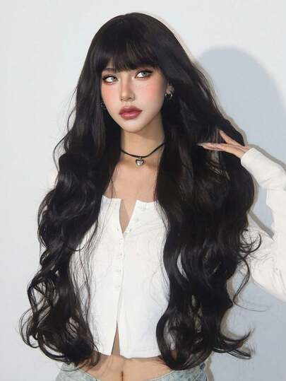 Peluca larga negra de 30 pulgadas con flequillo para mujeres, peluca sintética natural y suave con ondas rizadas para uso diario, fiestas y escuela (presta atención a cómo la usas y cuidas)