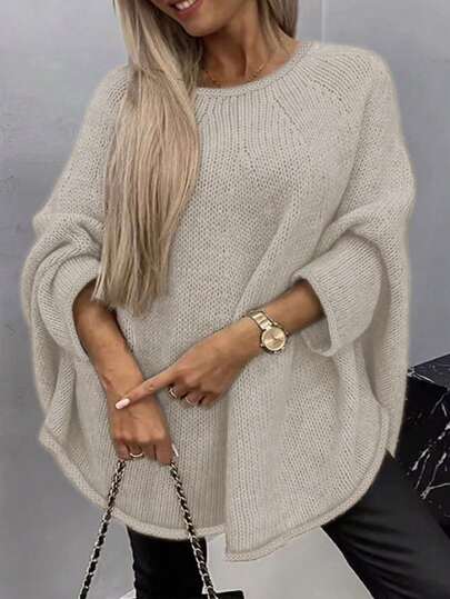 Suéter feminino minimalista de tricô, cor sólida, manga morcego, gola redonda, ideal para o dia a dia, perfeito para o Natal e Ano Novo.