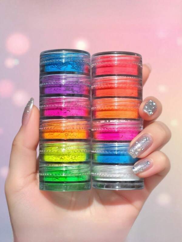 Dofuny 12色散装霓虹指甲颜料，铬色珠光指甲粉，极光月光镜面效果颜料，美甲珠光美人鱼闪粉