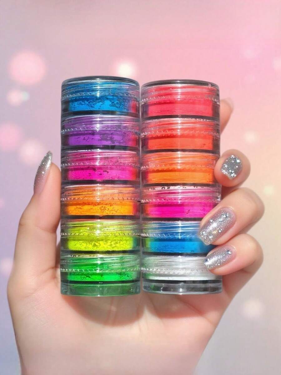 Dofuny 12 Colors Loose Neon Nail Pigment Chrome Iridescent Nail Powder Aurora & Moonlight Mirror Effect Pigment Nail Art Iridescent Mermaid Glitter Nail Dust - Multicolor - View 1