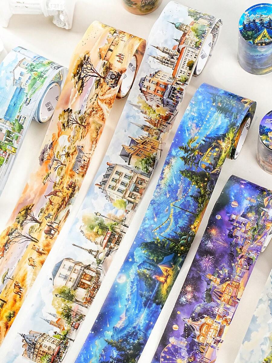 1 rolă bandă autocolantă decorativă cu tematică de ilustrații peisagistice pentru scrapbooking creativ, serie Free Wind, potrivită pentru cadouri, birou, casă, marcare, etichetare, sală de clasă, jucării de divertisment, planificator pentru studenți, accesorii DIY pentru decor vintage