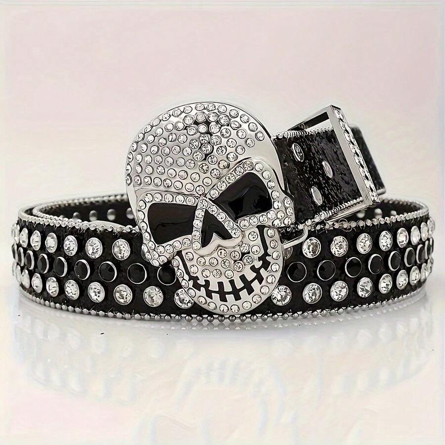 1pc Subculture Punk  Rhinestone Skull Rivet Street Decorative Jeans Belt Belt - 銀色 - 查看 1