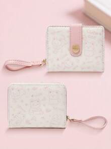 New Korean Style Folding Buckle Short Women's Wallet, Japanese Cute Cat Cartoon Integrated Card Holder, Student Bag, Zipper Coin Purse Wallet - Hoa hồng hồng - Xem 5