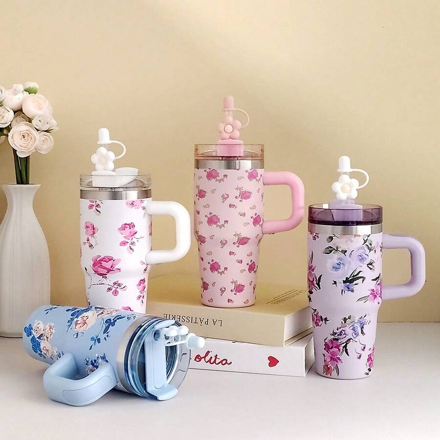 1pc 14oz Stainless Steel Travel Tumbler With Handle & Straw, Double Wall Insulated Sports Water Bottle For Outdoors, Home, Office, Back To School, Thanksgiving, Valentine's Day Gift - 彩色 - 查看 1