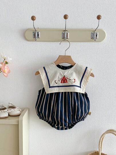 Infant Girls' Summer Outfit, Korean Style Sailor Collar Vertical Striped Bodysuit
