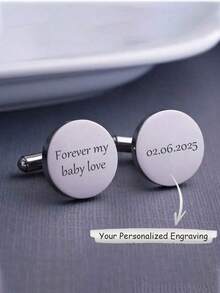1 Set Customized Engraved Tie Clip, Personalized Cufflinks, Silver Round Cufflinks And Tie Clip Set With Letter, Stainless Steel Engraved Round Cufflinks, Suitable As Bride's Gift, Anniversary Gift Or Valentine's Day Gift For Husband - Multicolor - View 7
