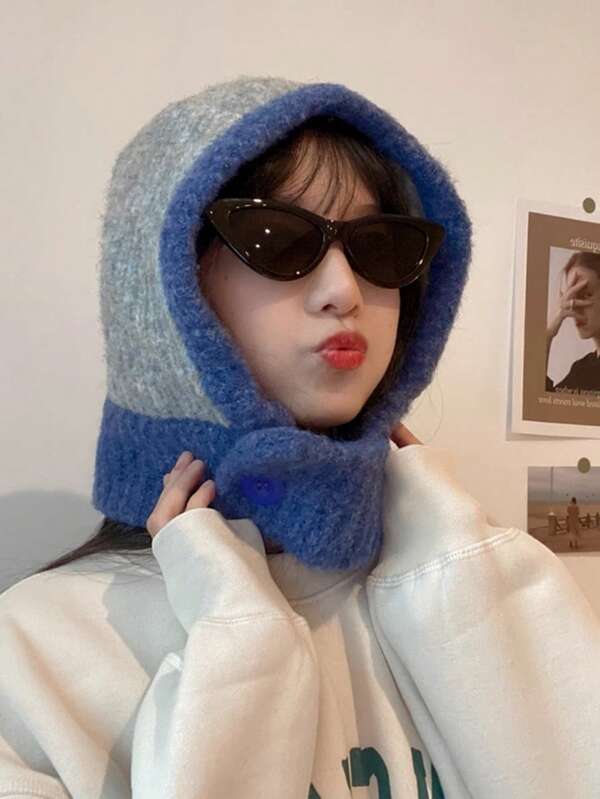 1pc Women's Grey Balaclava Hat, Knitted Beanie Scarf Set For Autumn/Winter, Suitable For Holidays And Daily Use