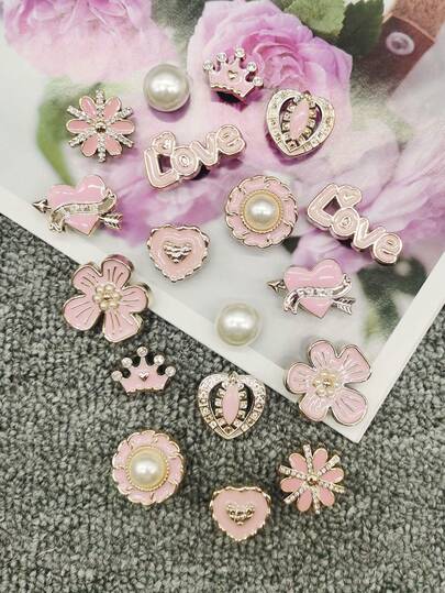 18 件 Y2K 风格粉色树脂花鞋饰配件 DIY 爱字皇冠心形鞋扣装饰仿珠可拆卸装饰鞋夹适合女士凉鞋拖鞋沙滩包圣诞节万圣节生日派对装饰礼物