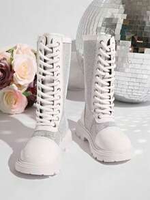 1 双女童秋冬高帮靴，后拉链高筒靴，儿童时尚公主高帮靴，简约优雅的设计 - 白色 - 查看 4