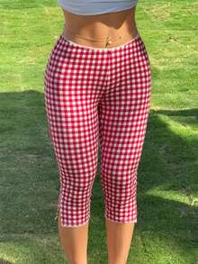 Women's Retro Skinny Fit Gingham Capri Pants With Delicate Lace Trim Side Slit Comfortable Cropped Trousers For Casual Daily Outfits - 紅色 - 查看 1