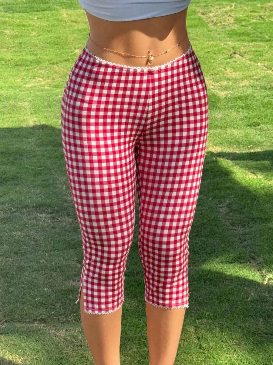 Women's Retro Skinny Fit Gingham Capri Pants With Delicate Lace Trim Side Slit Comfortable Cropped Trousers For Casual Daily Outfits - 紅色 - 查看 1