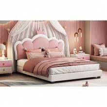 Full Size Upholstered Princess Bed With Crown Headboard For Girls, Full Size Platform Bed With Headboard And Footboard, White + Pink