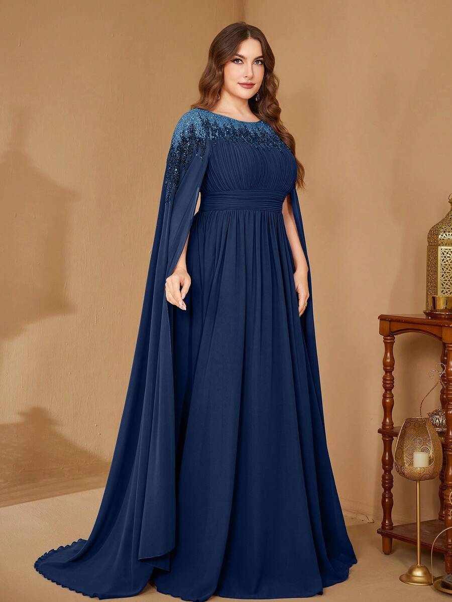 Đầm dạ hội thanh lịch dáng ôm bằng chiffon, cổ đứng, tay áo choàng, đính sequin của SUPGIR dành cho nữ cỡ lớn.