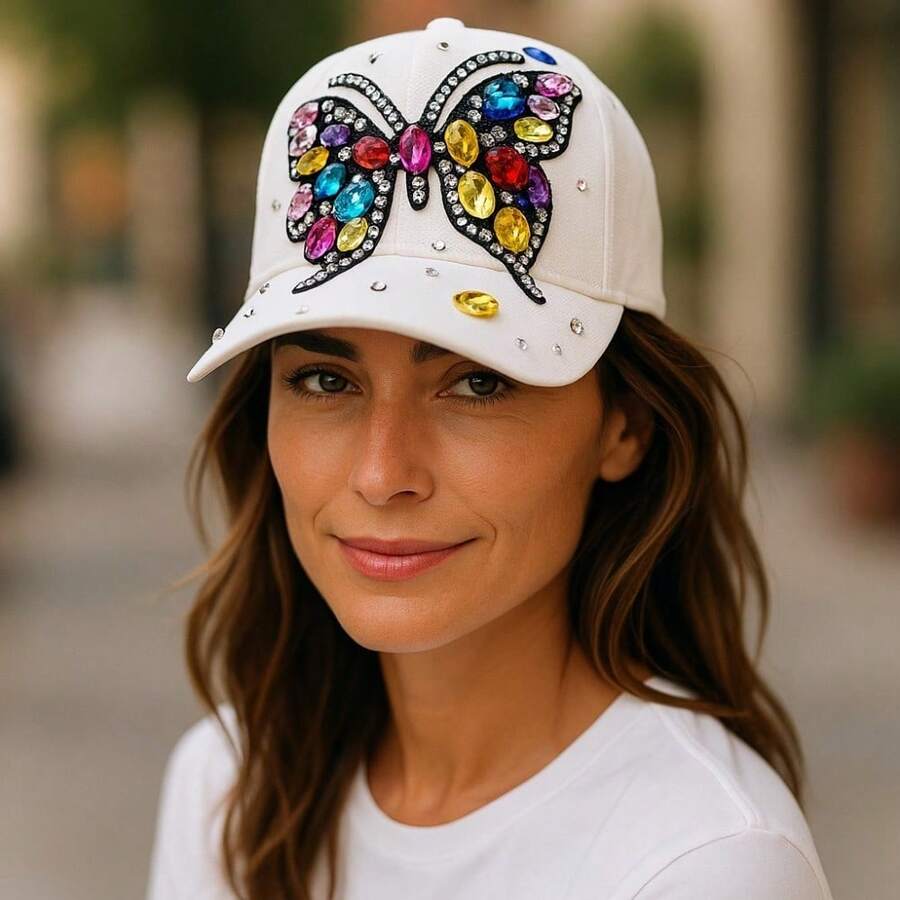 "Rainbow Butterfly" Bling Bling Bead BASEBALL CAP Adjustable, UV Protection, Perfect For Outdoor Activities, Casual - Putih - View 1
