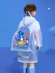 1PCS Hot Upgrade Zipper Translucent Matte Little Dinosaur Children's Raincoat Baby Kindergarten Primary School Students Cartoon Raincoat Plus Schoolbag Space Boys And Girls Raincoat - 藍色 - 查看 2
