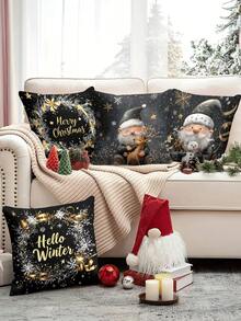 4 piezas/1 pieza Funda de almohada decorativa de Navidad en negro y dorado - Feliz Navidad/Hola Invierno, diseño de enano y muñeco de nieve/ciervo, 45x45 cm | Cierre con cremallera | Colores brillantes, material de poliéster | Para sala de estar, decoración de habitación, sofá y dormitorio (relleno no incluido) Excelente para decoraciones navideñas, decoración del hogar, suministros para fiestas de Navidad