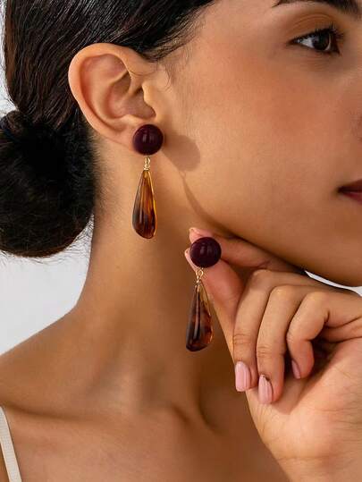 1 对时尚优雅的红色 ABS 树脂泪珠耳环，适合女士