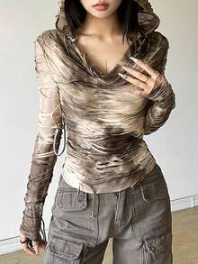 Áo thun dài tay có mũ trùm đầu dáng ôm dáng đơn sắc dành cho nữ phong cách đường phố Top Dazzle - Màu Khaki - Xem 9