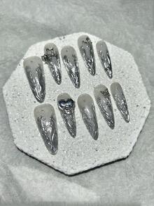 10PCS Gradient Silver Vine Gilt Heart Long Tip Press On Nails Stars Butterfly Diamonds Fake Nails Y2K Cool Handmade Press On Nails Press On Nails Long Nail Supplies (1 Sheets Jelly Stickers+1PC Nail File)