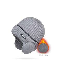 1pc Men's Grey Ear Protection Knitted Hat With Thermal Lined , Skull Cap For Outdoor Cold Weather, Suitable For Daily Use Beanie Fall Outfit - Light Grey - View 7