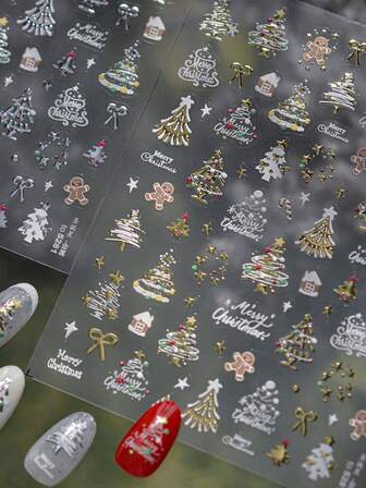 1ชิ้น สติ๊กเกอร์ติดเล็บ 5D ลายต้นคริสต์มาสสีทองและสีเงินปั๊มร้อน ลายตุ๊กตาหิมะ โบว์ ดาว ดีไซน์ Winter Wonderland สำหรับเทศกาลคริสต์มาส