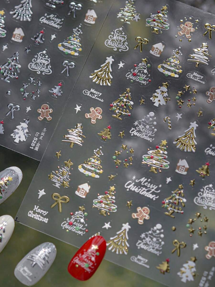 1张烫金银色圣诞树5D美甲贴纸，带雪人蝴蝶结星星冬季仙境设计，适用于圣诞节美甲装饰 - 彩色 - 查看 1