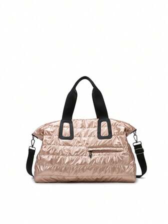 1 件纯色涤纶绗缝手提包，带衬垫，大容量，拉链开合，时尚简约旅行健身包，粉色