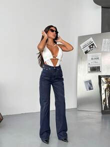 SQUALO Women's Wide Leg Color With Pocket Details Destroyed Retro Washed Street Style Jeans Ripped And Cutout Wide Leg Jeans - Navy Blue - View 5