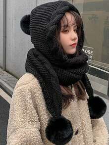 Damen gestrickter Hut mit Schal, süßer Bommel Ohrenschutz, dick & warm, vielseitig für Herbst/Winter