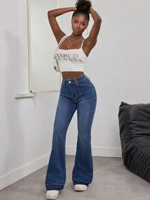 Vintage Low Waist Skinny Flared Jeans In Dark Blue Elegant Summer Outfit For Women Resort And Everyday Casual Wear Stretch Denim Long Pants