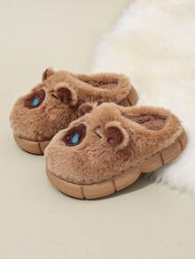 1 par de pantuflas de invierno cálidas para niños, pantuflas de felpa antideslizantes para interiores para niños y niñas, zapatos de casa lindos para niños pequeños - Marrón - Ver 2