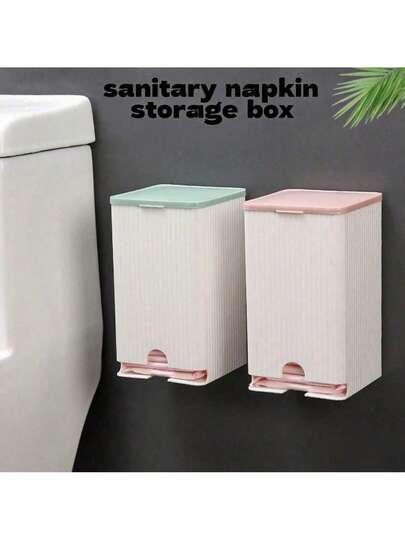 1 صندوق تخزين فوطة صحية للحمام مثبت على الحائط، مصنوع من مادة ABS سميكة، مع مقسم متعدد الوظائف وغطاء، مناسب لتخزين منتجات النظافة الصحية للنساء في حمام المنزل، مقاوم للغبار والرطوبة، مع غطاء.