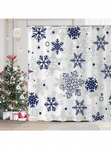 Christmas Shower Curtain, Xmas Snowflake Winter New Year Holiday Bathroom Curtain Waterproof Fabric Machine Washable With Hooks Bathroom Decor