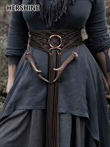 Hershine Jednoczęściowy damski pasek w stylu wikingów, sznurkowy pasek, swobodny i elegancki damski pasek w stylu wikingów, sznurkowy pasek, modny dodatek do talii w stylu retro country, styl Simia, wielofunkcyjny design, odpowiedni do codziennego noszenia w drodze do pracy o każdej porze roku, akcesoria jesienne i zimowe, akcesoria do kostiumów świątecznych i halloweenowych, dekoracja sukienki, swetra i płaszcza