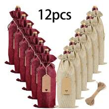 6/12pcs Premium Coarse Linen Wine Bags With Gift Tags, Reusable Wine Gift Bags With Drawstring, Wine Bottle Bags For Wedding, Birthday, Wine Tasting, Christmas, Party, Home Storage