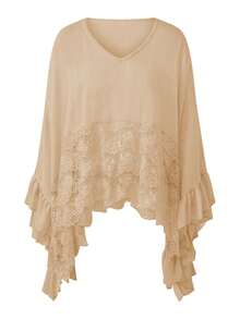 Womens Y2K Lace Patchwork Frill Poncho Tops Solid Color See Through Batwing Sleeve V Neck Ruffle Hem Loose Fit Sheer Mesh T Shirts Blouses Boho Peplum Shawl Shirts Summer Going Out Tops Beach Cover Up Vacation Streetwear - 淺灰色 - 查看 5