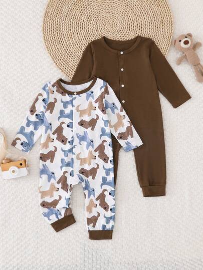 2pcs Baby Boy Autumn/Winter Outfit - Long Sleeve O-Neck Cute Puppy Cartoon Print Casual Jumpsuit, Perfect For Outdoor Wear