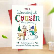 1pc Festive Christmas Card For Cousin - "To A Wonderful Cousin Merry Christmas" Greeting With Reindeer, Snowman & Holiday Decorations - Perfect Family Gift For Winter Celebrations, Holiday Greeting Card|Playful Design|Paper Christmas Card, Christmas Cards