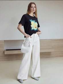 T-shirt Camisa Feminina Manga Curta Estampada Verão Primavera Letra Floral Coração Casa Férias