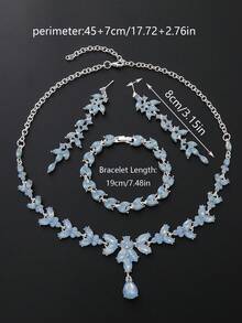 4 Pieces/Set Rhinestone Rhinestone Bridal Bridesmaid Jewelry Set, Elegant Horse Eye Pointy Rhinestone Leaf Necklace Pendant Earrings Bracelet Set, Suitable For Women's Wedding Party Accessories - Baby Blue - View 3